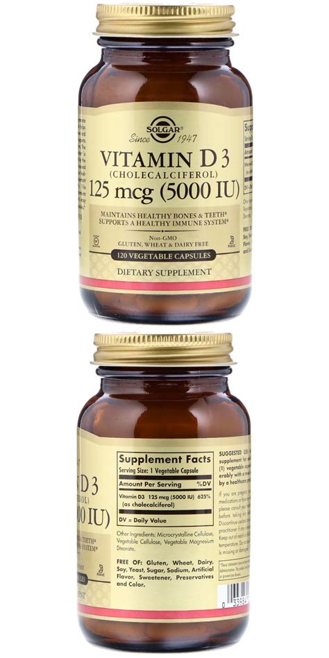 Vitamin D3 Cholecalciferol 125 Mcg 5000 Iu 120 Vegetable Capsules By Solgar Vegetable