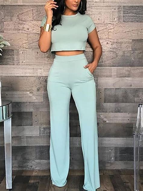 Shop Solid Short Sleeve Crop Top Pants Sets Right Now Get Great