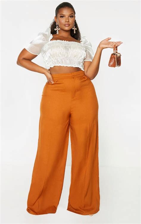 Plus Rust Woven Pleat Detail Waistband Wide Leg Pants Wide Leg Pants