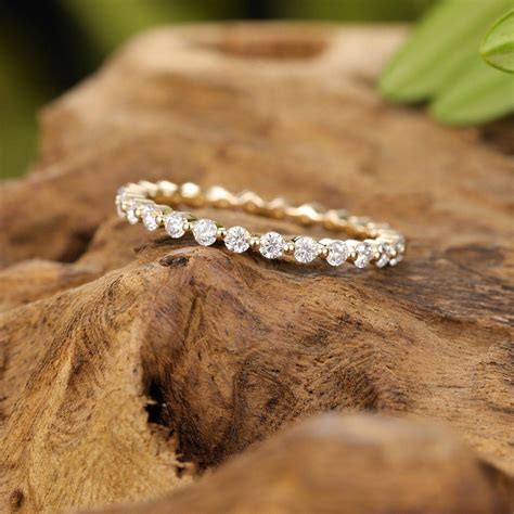 Moissanite Wedding Band 14K Yellow Gold Full Eternity Beaded Stacking