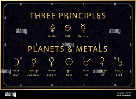 Simboli Dorati Alchemici Su Sfondo Scuro Tre Principi Dell Alchimia