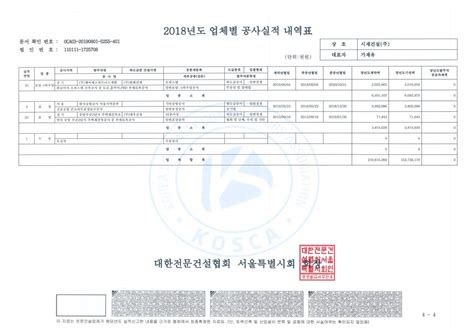 2018년도 업체별 공사실적내역표 업체별공사실적내역표 시재건설주