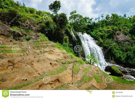 Waterfall Countryside Landscape In A Village In Cianjur Java