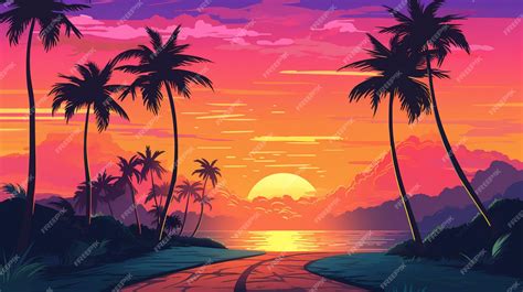 Premium Vector Sunset With Palm Trees And A Road In The Foreground