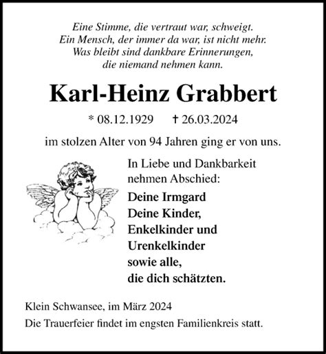 Traueranzeigen Von Karl Heinz Grabbert Trauer Anzeigen De