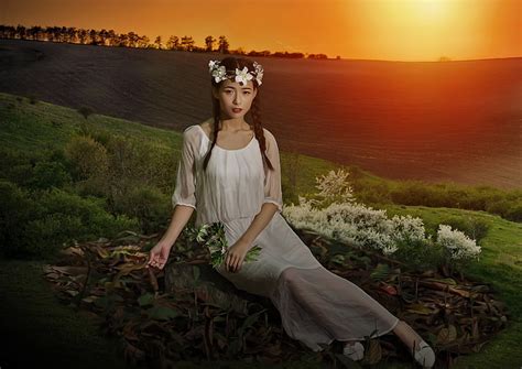 Field Look Girl Light Sunset Flowers Nature Pose Mood