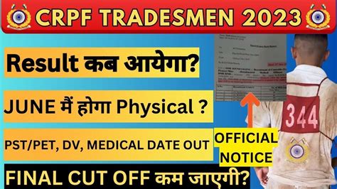 CRPF TRADESMEN RESULT DATE OUT CRPF TRADESMEN PHYSICAL DATE CRPF