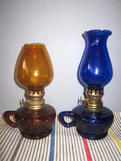 2 Glass Hurricane Mini Lamps Cobalt Blue And Amber Glass