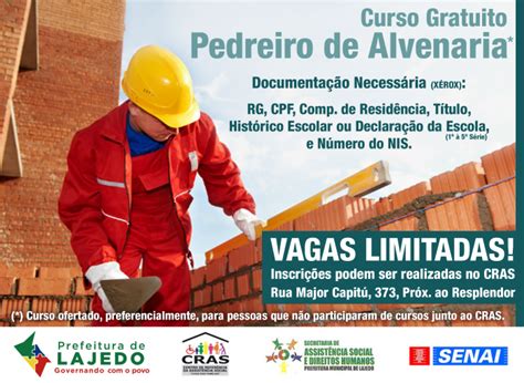 Curso De Pedreira Gratuito - Assistência Social oferece curso gratuito de pedreiro – inscrições até ...