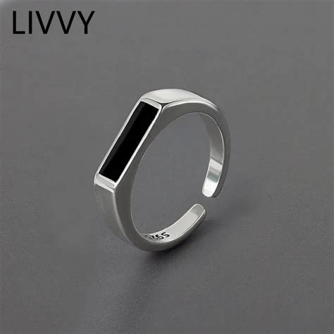 Livvy Silver Color Geometric Black Adjustable Ring Minimalist Fine