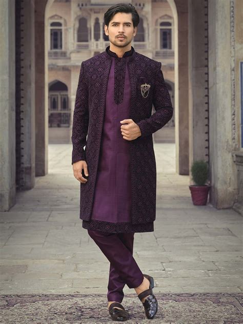 Indian Ethnic Purple Color Sherwani For Men Wedding Indowestern Jacket