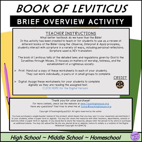 Brief Review Of Leviticus Bible Book Overview Activity Made By Teachers