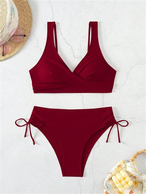 Shein Swim Conjunto De Bikini Cruzado De Unicolor Para Mujer De Verano