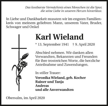 Traueranzeigen Von Karl Wieland Trauerundgedenken De