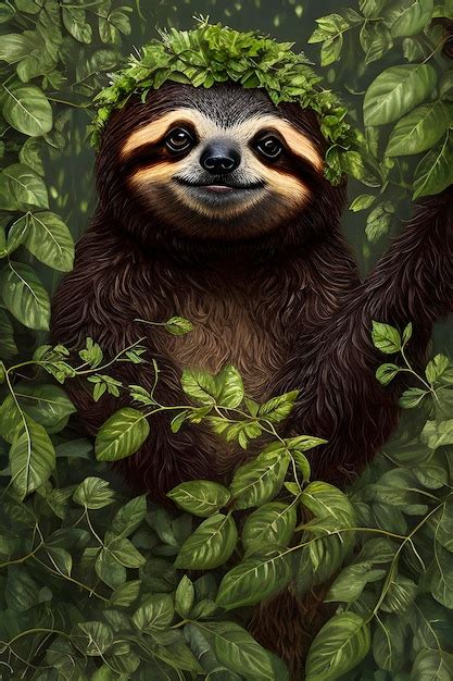 Premium Ai Image Closeup Sloth Portrait In Green Leaves In Jungle