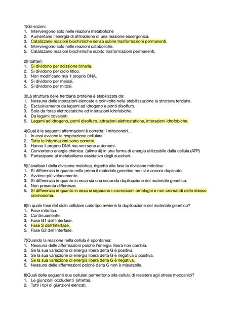 Simulazione test a crocette con risposta esatta di biologia. | Prove d