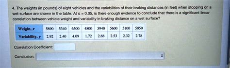 Solved The Weights In Pounds Of Eight Vehicles And The Variabilities