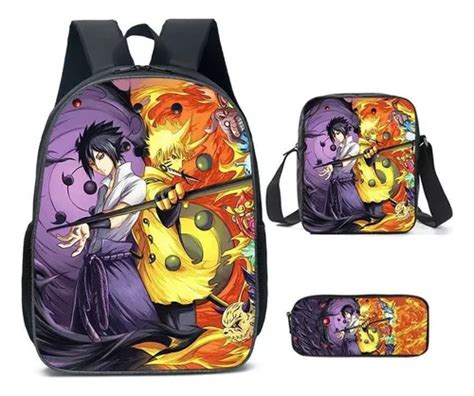 Mochila Naruto 3pcs Lancheira Uzumaki Sasuke Para Menino