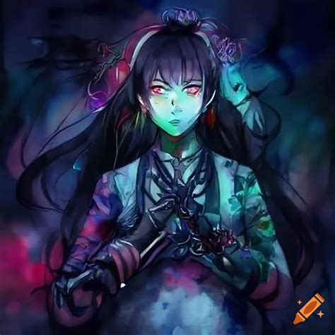 Epic Anime Girl Black Hair Ponytail Army With Balisong Knife Glowing