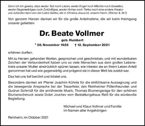 Traueranzeigen Von Beate Vollmer Vrm Trauer De