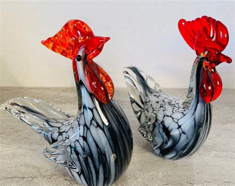 Handblown Glass Rooster And Hen Set Glass Rooster And Hen Kitchen Decor Glass Paperweights Etsy