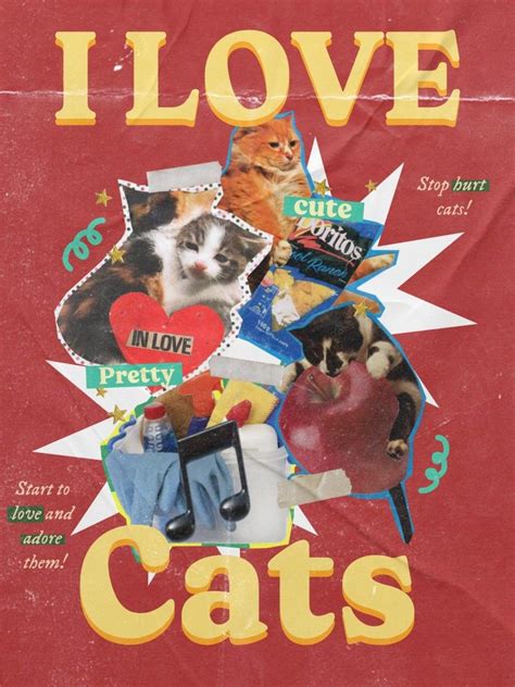 A Red Poster With Pictures Of Cats And Words That Say I Love Cats On It