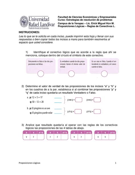 Ejercicios de Reglas Proposicionales Proposiciones Lógicas 1 Facultad