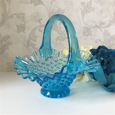 Blue Hobnail Handled Basket Vintage Kanawha Glass Candy Dish Crimped Edge Ruffled Rim