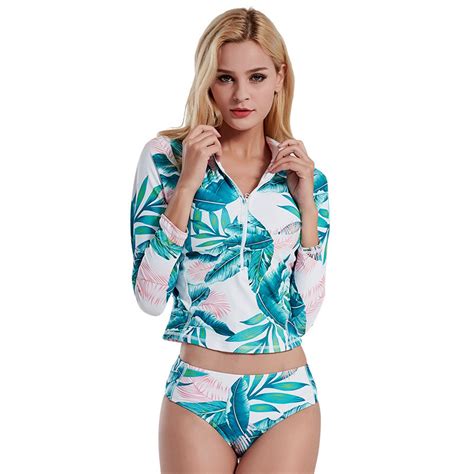 Sexy Long Sleeve Tropical Print Bikini Set Women Two Piece Swimsuit