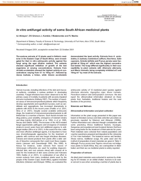 Pdf In Vitro Antifungal Activity Of Some South African Medicinal