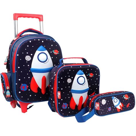 Kit Escolar Mochila Infantil Rodinhas Lancheiras Estojo Menino Tam P