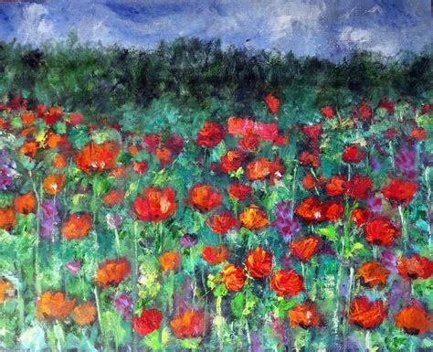 Poppy Field Oil Painting Painting by Indrani KG | Saatchi Art