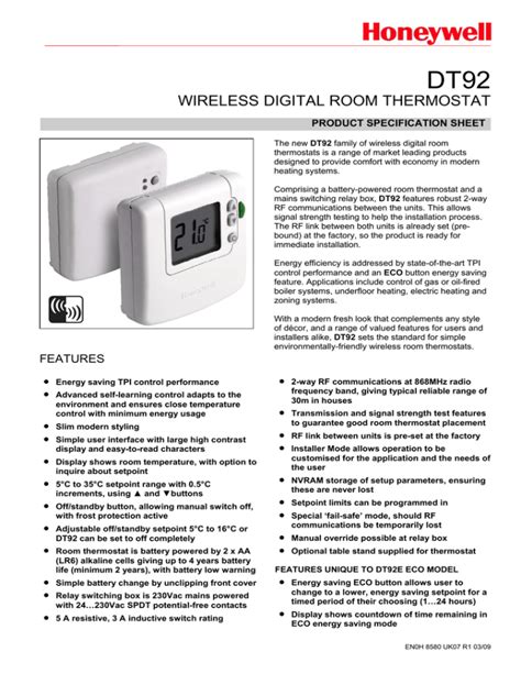 Honeywell Wireless Digital Thermostat Kit Specification Sheet Manualzz