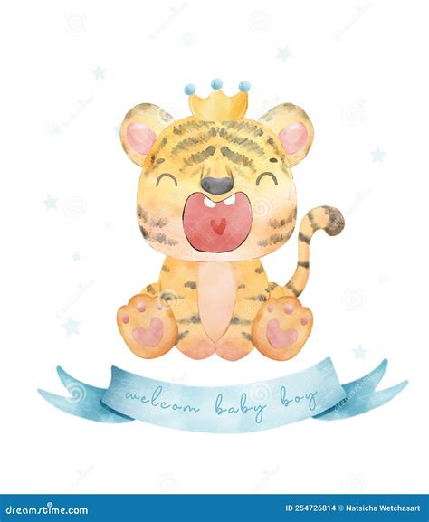 Watercolor Painting Cute Adorable Sweet Baby Tiger Boy Sitting And