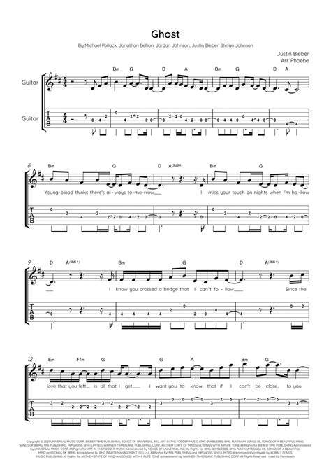 Ghost Arr Arr Phoebe By Justin Bieber Sheet Music For Guitar Tab At Sheet Music Direct