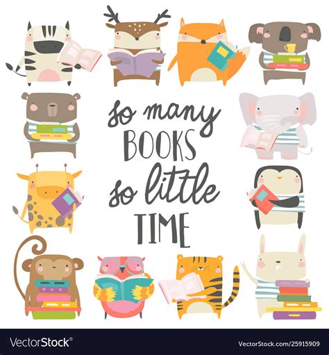 Cute animals reading books on white background Vector Image