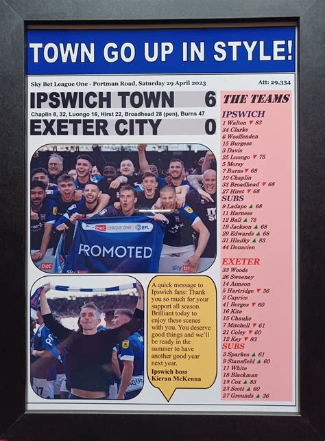 Ipswich Town 6 Exeter City 0 2023 League One Ipswich Promoted Souvenir