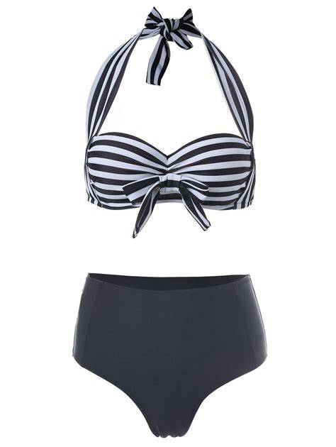 Halter Stripe Bowknot High Waist Bikini Set Extra 12 Off Code DL123