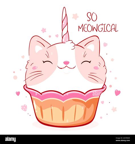 Card With Cute Sweet Dessert In Kawaii Style Lovely Unicorn Cat In