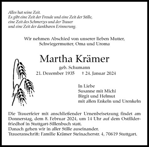 Traueranzeigen von Martha Krämer stuttgart gedenkt de