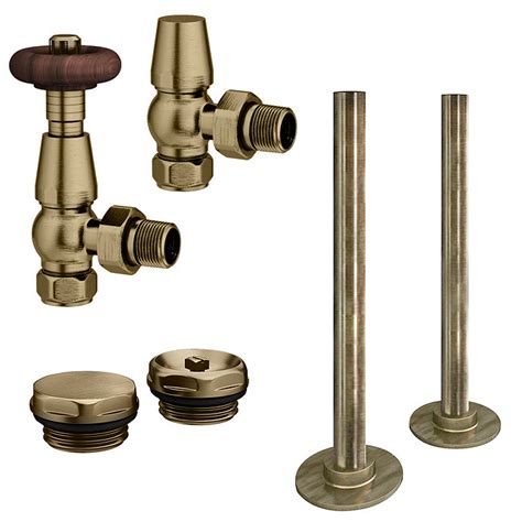 Chatsworth Traditional Thermostatic Angled Radiator Valve And Pipe Set Antique Brass