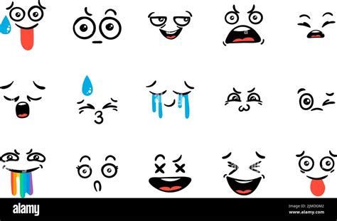 Various Cartoon Emoticons Set Doodle Faces Eyes And Mouth Caricature