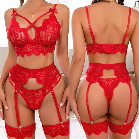 Women S Sexy Lingerie Set Teddy Lace Erotic Bikini Plus Size 3pcs Bra