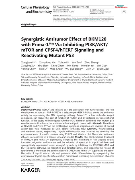 PDF Synergistic Antitumor Effect Of BKM120 With Prima 1Met Via