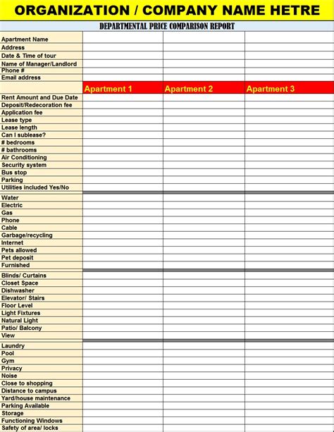 Price Comparison Sheet Templates Free Report Templates