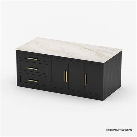 Hilversum Modern Solid Wood Marble Top Black Kitchen Island with storage