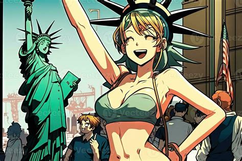 Beautiful anime manga girl in New York City Statue of Liberty ...