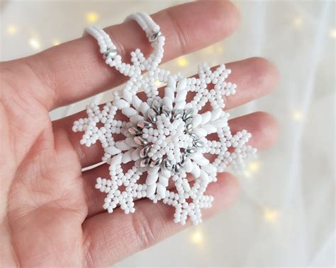 Snowflake Beading Pattern Superduo Beaded Snowflake Beadwork Necklace