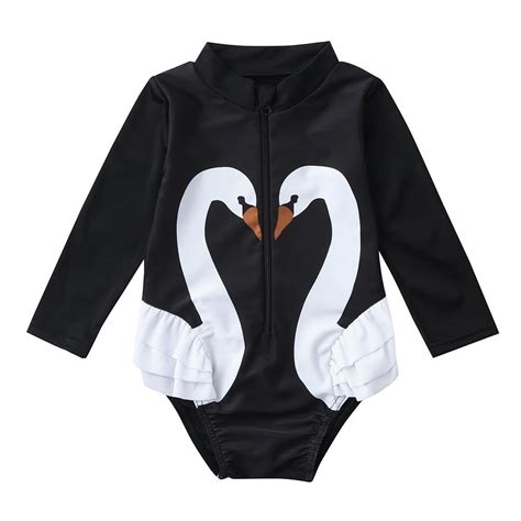 Summer Swimsuit For Tollder Cute Girls Ruffles Cartoon Swan Print