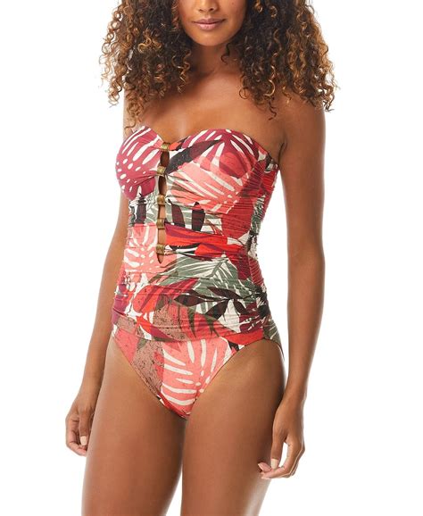 Carmen Marc Valvo MERLOT Printed Bandeau One Piece Swimsuit, US 12